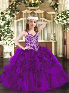 Purple Ball Gowns Organza Straps Sleeveless Beading and Ruffles Floor Length Lace Up Little Girls Pageant Dress Wholesale