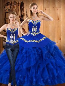Colorful Blue Satin and Organza Lace Up Sweetheart Sleeveless Floor Length 15th Birthday Dress Embroidery and Ruffles