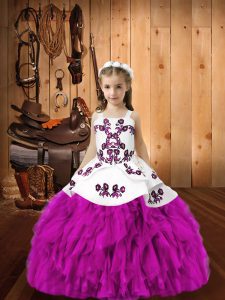 Cheap Fuchsia Organza Lace Up Straps Sleeveless Floor Length Little Girls Pageant Dress Wholesale Embroidery and Ruffles