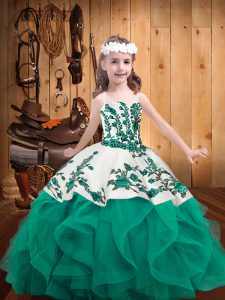 Turquoise Straps Neckline Embroidery and Ruffles Pageant Dress for Teens Sleeveless Lace Up