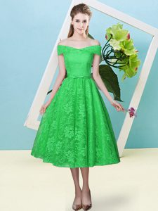 Nice Tea Length Green Quinceanera Court of Honor Dress Off The Shoulder Cap Sleeves Lace Up
