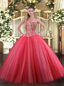Sleeveless Tulle Floor Length Lace Up Sweet 16 Quinceanera Dress in Coral Red with Beading