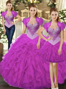 Latest Fuchsia Tulle Lace Up Ball Gown Prom Dress Sleeveless Floor Length Beading and Ruffles