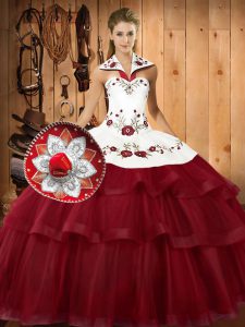 Pretty Wine Red Sleeveless With Train Embroidery and Ruffled Layers Lace Up Quinceanera Gown