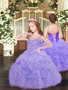Beauteous Floor Length Lace Up Pageant Dress Lavender for Party and Quinceanera with Appliques and Ruffles and Pick Ups
