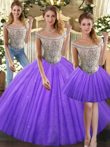 Colorful Eggplant Purple Three Pieces Tulle Bateau Sleeveless Beading Floor Length Lace Up Sweet 16 Quinceanera Dress