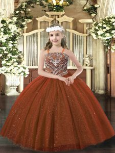 New Style Rust Red Tulle Lace Up Straps Sleeveless Floor Length Pageant Dresses Beading