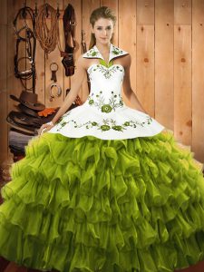 Smart Olive Green Ball Gowns Embroidery and Ruffled Layers Sweet 16 Dresses Lace Up Organza Sleeveless Floor Length