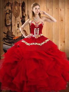 Wine Red Sleeveless Satin and Organza Lace Up Quinceanera Gown for Military Ball and Sweet 16 and Quinceanera