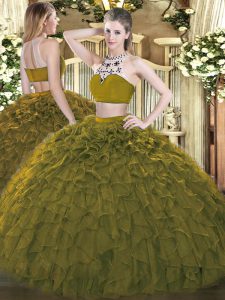 Most Popular Olive Green Sleeveless Beading and Ruffles Floor Length Quinceanera Dress