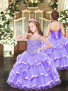 Unique Lavender Sleeveless Floor Length Appliques and Ruffled Layers Lace Up Kids Formal Wear