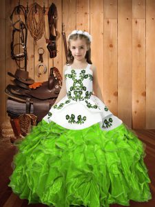 Sleeveless Floor Length Embroidery and Ruffles Lace Up Little Girl Pageant Dress with