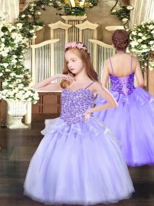 Most Popular Lavender Pageant Gowns For Girls Party and Quinceanera with Appliques Spaghetti Straps Sleeveless Lace Up