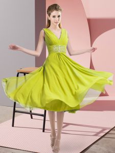 Stylish Knee Length Yellow Green Quinceanera Dama Dress Chiffon Sleeveless Beading