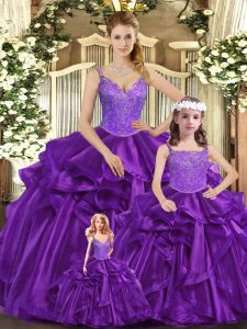 Sweet Purple Organza Lace Up Straps Sleeveless Floor Length Ball Gown Prom Dress Beading and Ruffles