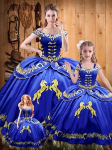 Smart Ball Gowns Sweet 16 Dresses Royal Blue Off The Shoulder Satin and Organza Sleeveless Floor Length Lace Up
