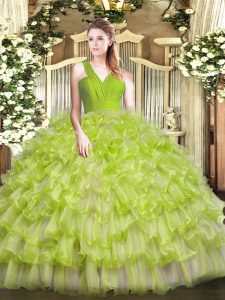 Captivating Yellow Green Ball Gowns V-neck Sleeveless Organza Floor Length Zipper Ruffled Layers Sweet 16 Dress