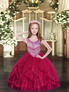 New Style Sleeveless Tulle Floor Length Lace Up Pageant Dress in Hot Pink with Beading and Ruffles