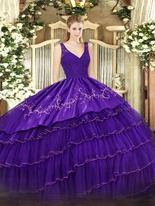 Fantastic Purple Ball Gowns V-neck Sleeveless Organza and Taffeta Floor Length Backless Beading and Lace and Embroidery and Ruffled Layers Sweet 16 Dress