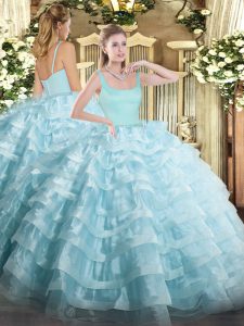 Best Selling Light Blue Ball Gowns Straps Sleeveless Organza Floor Length Zipper Beading and Ruffled Layers Quince Ball Gowns