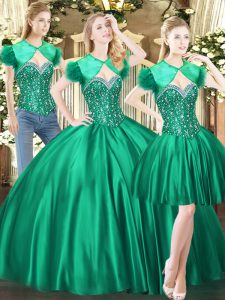 Hot Sale Green Ball Gowns Sweetheart Sleeveless Tulle Floor Length Lace Up Beading Sweet 16 Quinceanera Dress