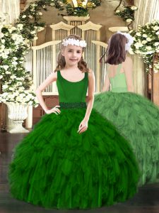 Excellent Sleeveless Floor Length Beading and Ruffles Zipper Evening Gowns with Dark Green
