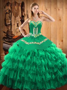 Hot Sale Green Lace Up Quinceanera Dresses Embroidery and Ruffled Layers Sleeveless Floor Length