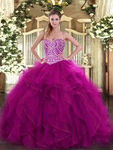 Exquisite Fuchsia Organza Lace Up 15 Quinceanera Dress Sleeveless Floor Length Beading and Ruffles