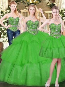 Three Pieces Sweet 16 Dresses Green Sweetheart Organza Sleeveless Floor Length Lace Up