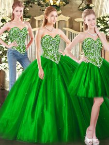 Colorful Green Tulle Lace Up Quinceanera Dress Sleeveless Floor Length Beading