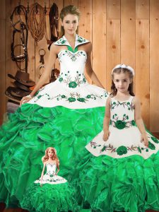Ball Gowns Quinceanera Gown Green Halter Top Tulle Sleeveless Floor Length Lace Up