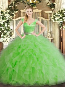 V-neck Sleeveless 15 Quinceanera Dress Floor Length Ruffles Green Organza