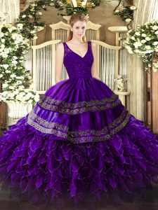 Beading and Ruffles Quinceanera Dresses Purple Zipper Sleeveless Floor Length