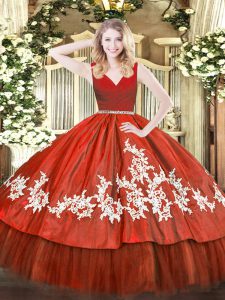 Hot Sale Floor Length Zipper Quince Ball Gowns Wine Red for Military Ball and Sweet 16 and Quinceanera with Beading and Appliques