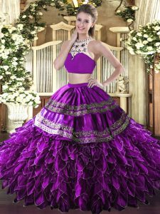 Nice Eggplant Purple High-neck Backless Beading and Ruffles Quinceanera Gowns Sleeveless