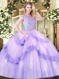 Luxurious Lavender Ball Gowns Tulle Bateau Sleeveless Beading and Appliques Floor Length Zipper Sweet 16 Dresses