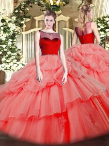 Beauteous Watermelon Red Sleeveless Beading and Appliques Floor Length Quinceanera Gown