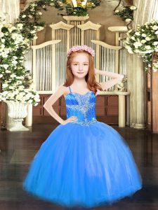 Graceful High Low Blue Evening Gowns Tulle Sleeveless Beading