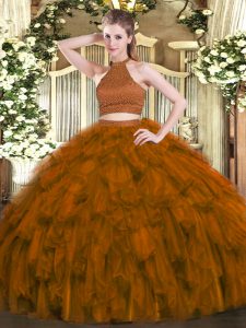 On Sale Brown Quinceanera Gown Military Ball and Sweet 16 and Quinceanera with Beading and Ruffles Halter Top Sleeveless Backless