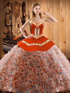 Multi-color Ball Gowns Sweetheart Sleeveless Satin and Fabric With Rolling Flowers With Train Sweep Train Lace Up Embroidery 15 Quinceanera Dress