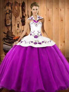 Luxurious Halter Top Sleeveless Satin and Tulle Sweet 16 Quinceanera Dress Embroidery Lace Up