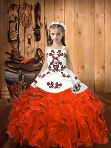 Floor Length Lace Up Little Girl Pageant Dress Orange Red for Sweet 16 and Quinceanera with Embroidery and Ruffles