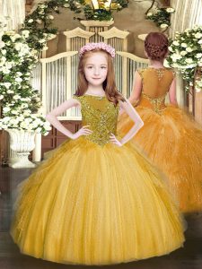 Unique Scoop Sleeveless Tulle Kids Pageant Dress Beading and Ruffles Zipper