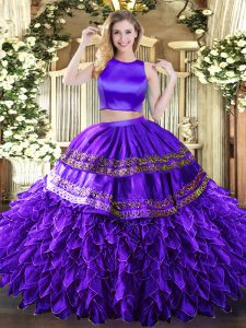 Elegant High-neck Sleeveless Criss Cross Sweet 16 Dress Purple Tulle