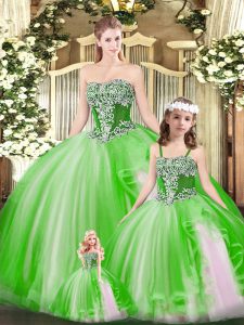 Green Ball Gowns Beading and Ruffles Quinceanera Dress Lace Up Organza Sleeveless Floor Length