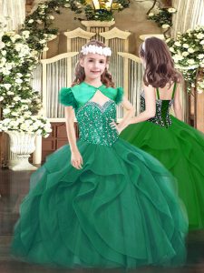 Dark Green Tulle Lace Up Girls Pageant Dresses Sleeveless Floor Length Beading and Ruffles