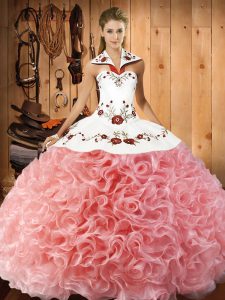 Classical Floor Length Watermelon Red Sweet 16 Dresses Fabric With Rolling Flowers Sleeveless Embroidery