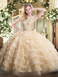 Custom Design Champagne Organza Backless 15th Birthday Dress Sleeveless Floor Length Lace and Ruffled Layers