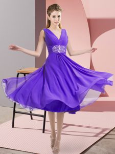 Empire Quinceanera Dama Dress Lavender V-neck Chiffon Sleeveless Knee Length Side Zipper