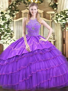 Floor Length Lavender Quinceanera Dresses Satin and Tulle Sleeveless Beading and Embroidery and Ruffled Layers